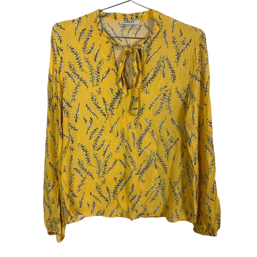 Pieces Yellow Floral Bohemian Neck Tie Long Sleeve Blouse